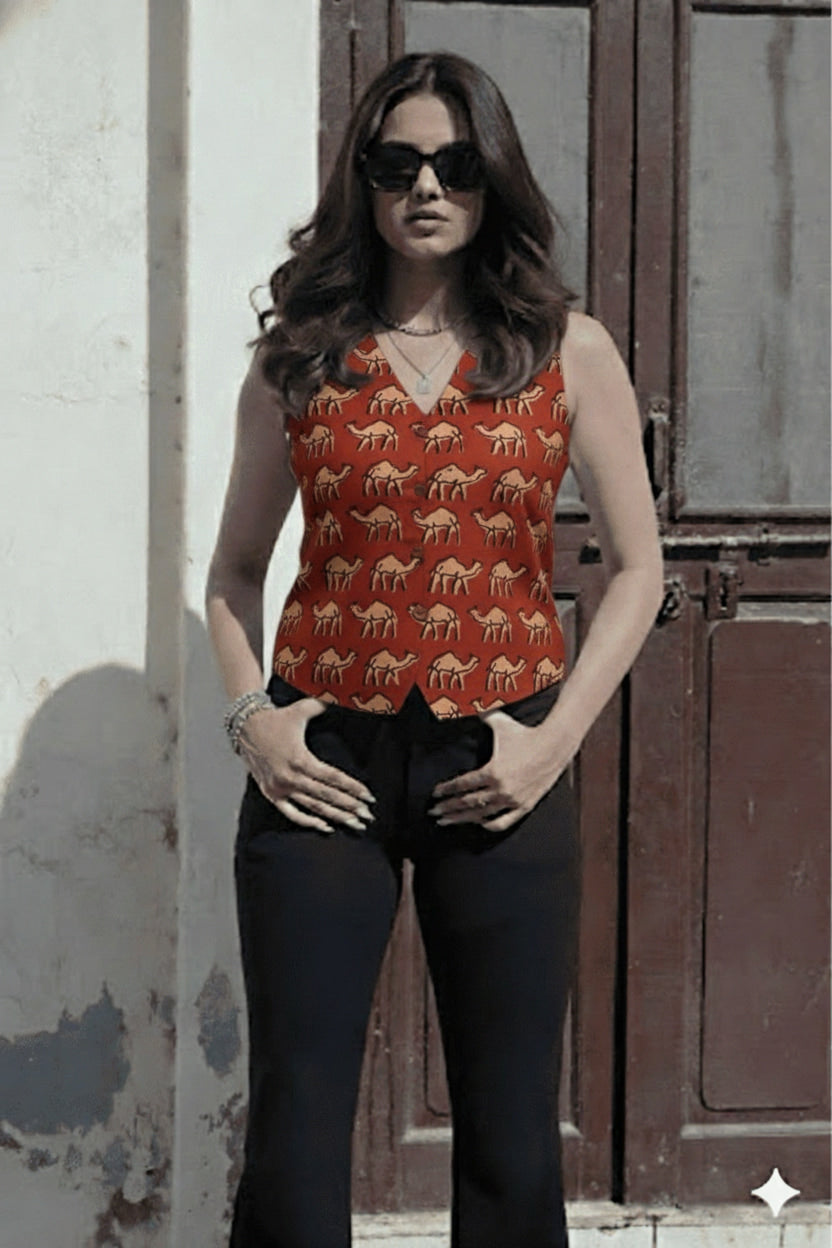 Handblock Printed Women’s Corset Waistcoat Vest – Sleeveless V-Neck Short Top | Perfect Fit | House of the Handblock