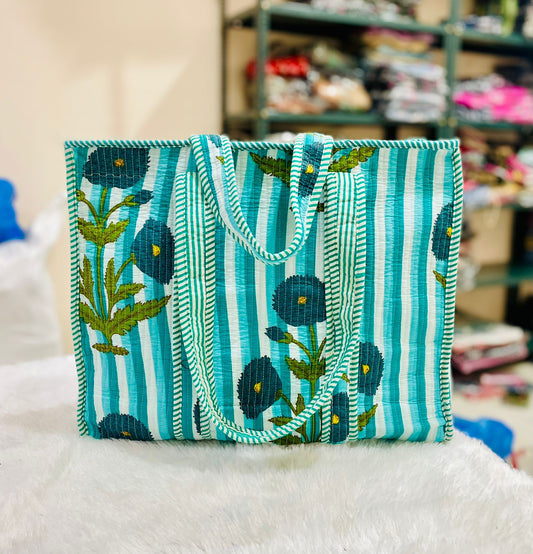 Quilted Handblock Printed Shopping Jhola |SIZE 18*18" Lightweight, Spacious with Inside Pocket & Strong Handles – Made in India