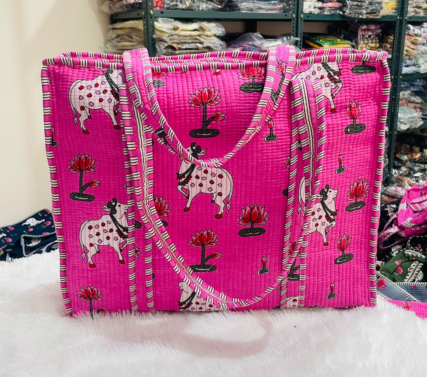 Quilted Handblock Printed Shopping Jhola |SIZE 18*18" Lightweight, Spacious with Inside Pocket & Strong Handles – Made in India