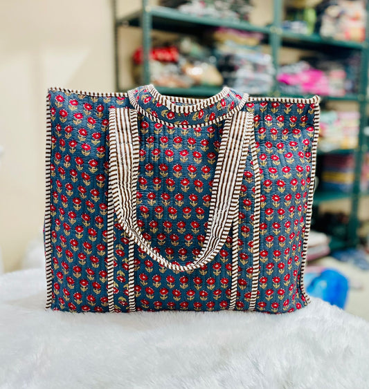 Quilted Handblock Printed Shopping Jhola |SIZE 18*18" Lightweight, Spacious with Inside Pocket & Strong Handles – Made in India