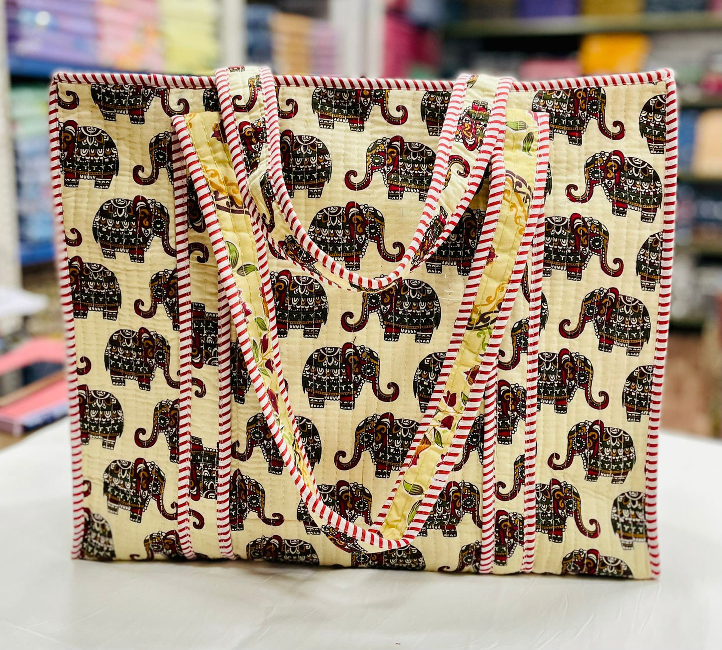 Quilted Handblock Printed Shopping Jhola |SIZE 18*18" Lightweight, Spacious with Inside Pocket & Strong Handles – Made in India