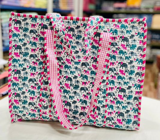 Quilted Handblock Printed Shopping Jhola |SIZE 18*18" Lightweight, Spacious with Inside Pocket & Strong Handles – Made in India
