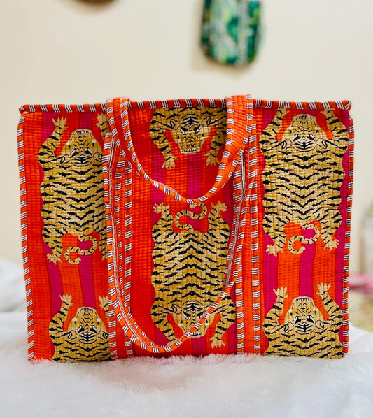 Quilted Handblock Printed Shopping Jhola |SIZE 18*18" Lightweight, Spacious with Inside Pocket & Strong Handles – Made in India