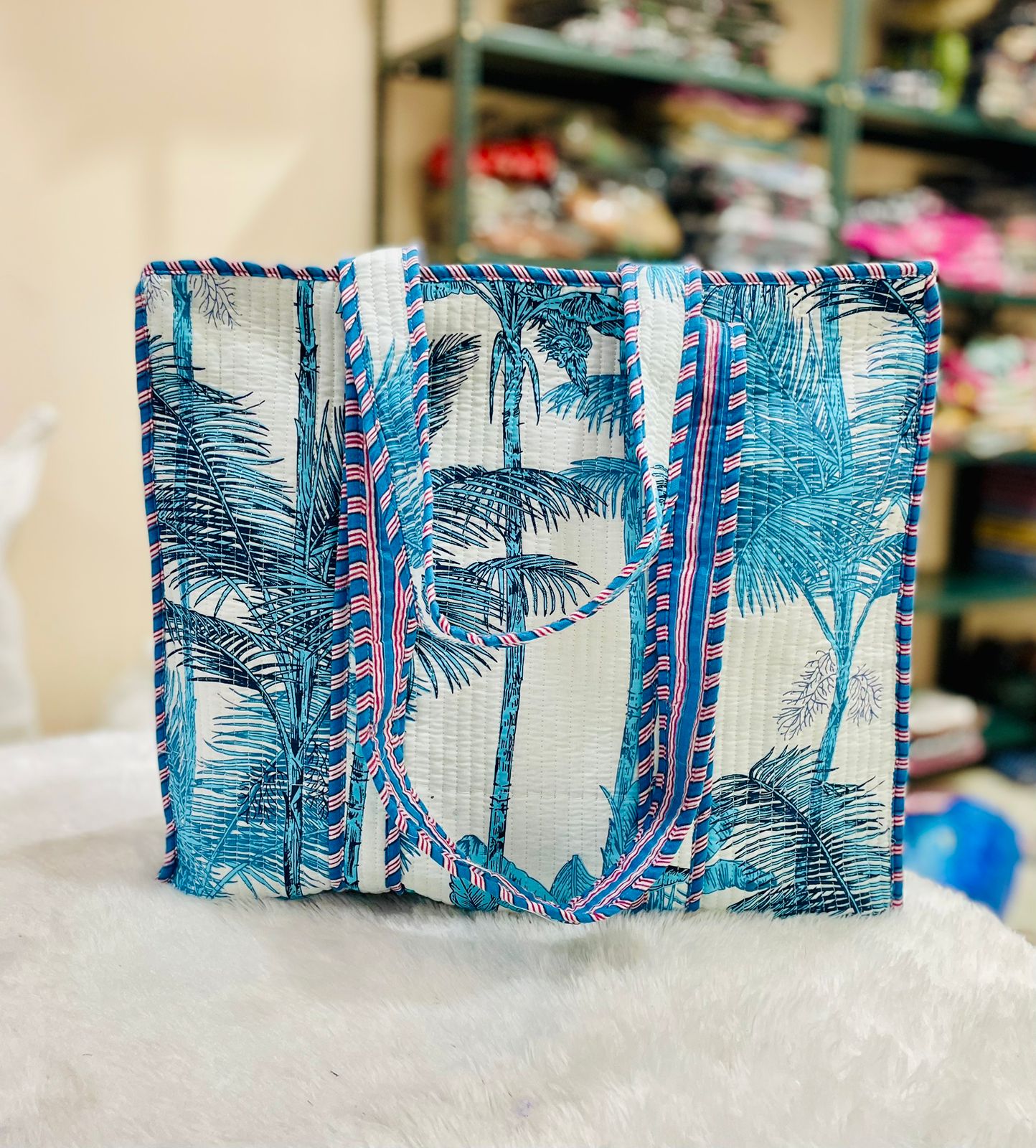 Quilted Handblock Printed Shopping Jhola |SIZE 18*18" Lightweight, Spacious with Inside Pocket & Strong Handles – Made in India