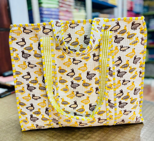 Quilted Handblock Printed Shopping Jhola |SIZE 18*18" Lightweight, Spacious with Inside Pocket & Strong Handles – Made in India