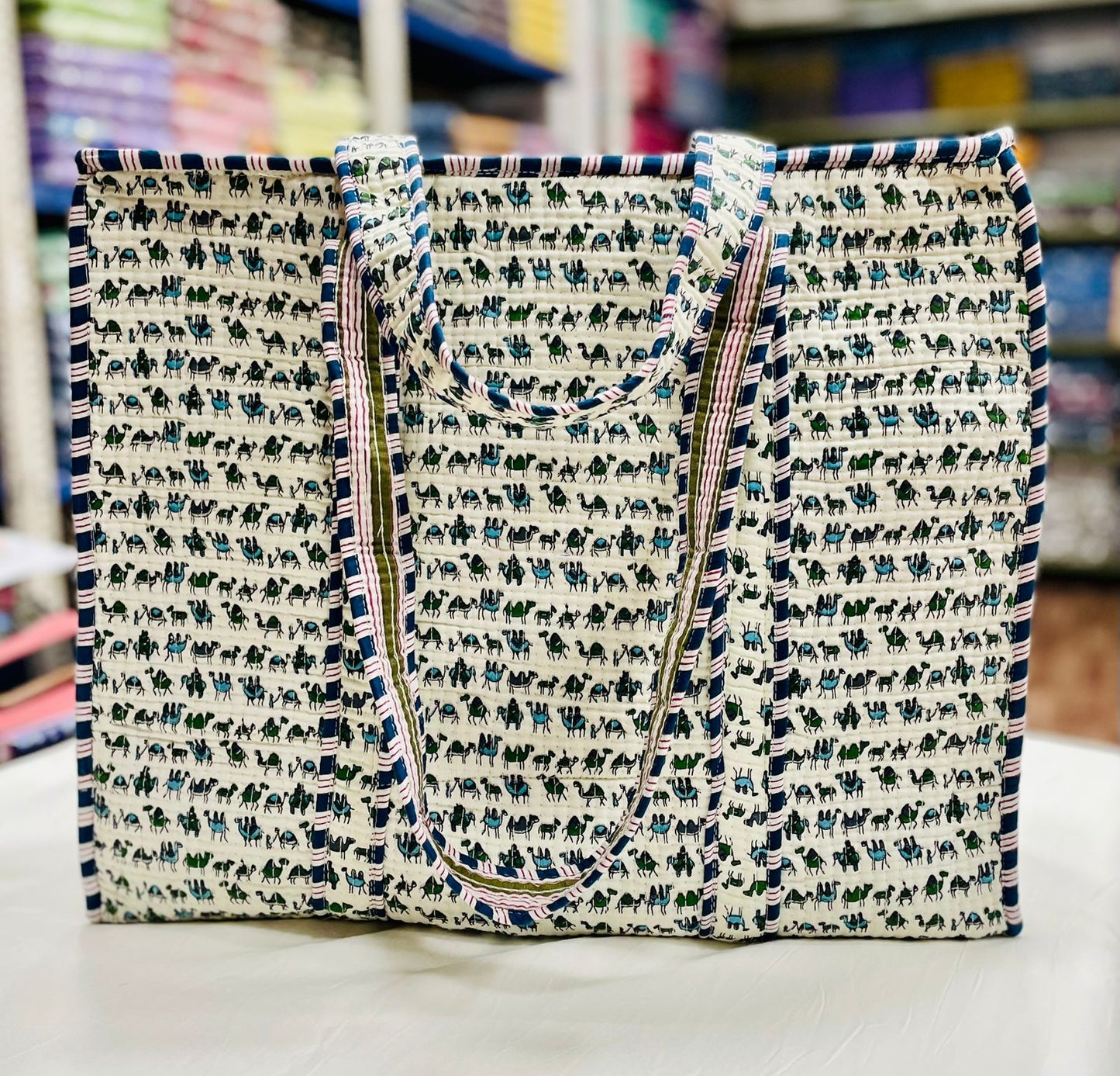 Quilted Handblock Printed Shopping Jhola |SIZE 18*18" Lightweight, Spacious with Inside Pocket & Strong Handles – Made in India