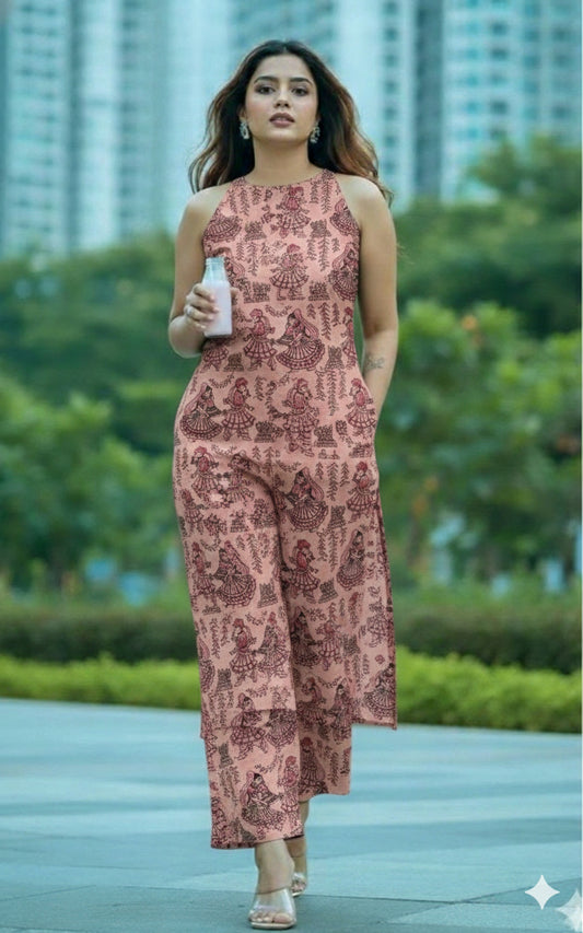 Trending Handblock Ajrakh Printed Halter Neck Kurta Plazo Set in Pure Jaipuri Cotton – House of the Handblock