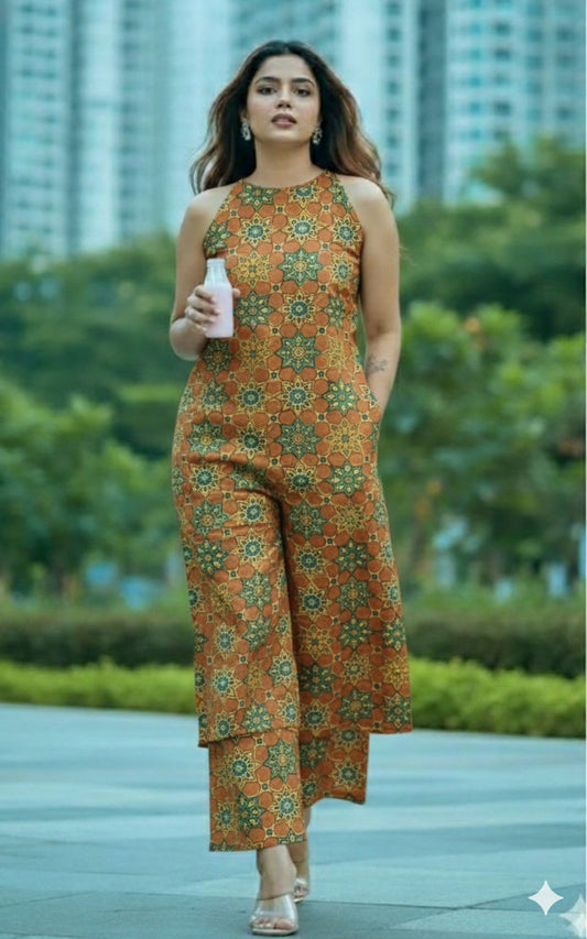 Trending Handblock Ajrakh Printed Halter Neck Kurta Plazo Set in Pure Jaipuri Cotton – House of the Handblock