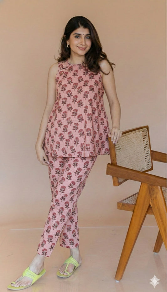 Jaipuri Natural Dye Ajarakh Handblock Printed Cotton A-Line Top with Bottom Co-Ord Set – Sizes Up to 6XL | House of the Handblock