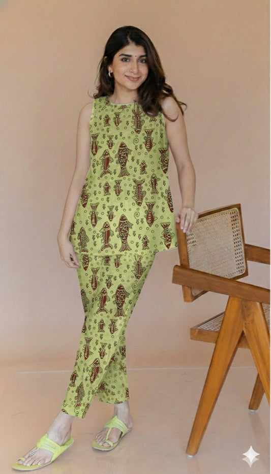 Jaipuri Natural Dye Ajarakh Handblock Printed Cotton A-Line Top with Bottom Co-Ord Set – Sizes Up to 6XL | House of the Handblock