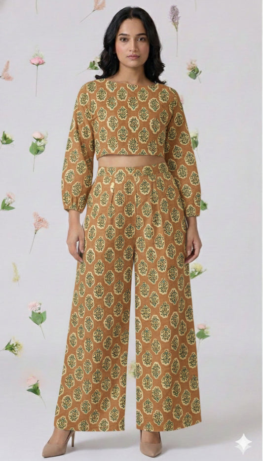 Handcrafted Handblock Ajarakh Printed Cotton Crop Top with Palazzo Pants Co-Ord Set- House Of The Handblock Jaipur