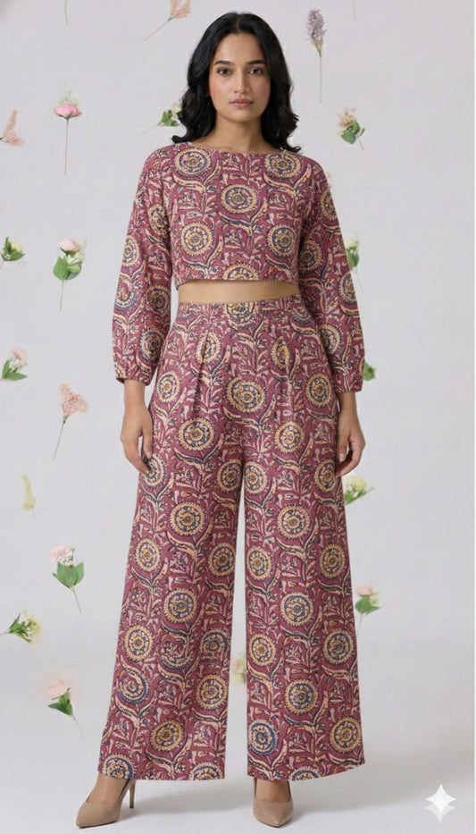 Handcrafted Handblock Ajarakh Printed Cotton Crop Top with Palazzo Pants Co-Ord Set- House Of The Handblock Jaipur