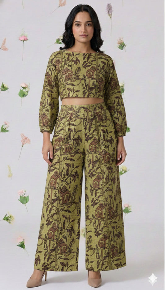 Handcrafted Handblock Ajarakh Printed Cotton Crop Top with Palazzo Pants Co-Ord Set- House Of The Handblock Jaipur
