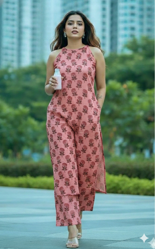 Trending Handblock Ajrakh Printed Halter Neck Kurta Plazo Set in Pure Jaipuri Cotton – House of the Handblock