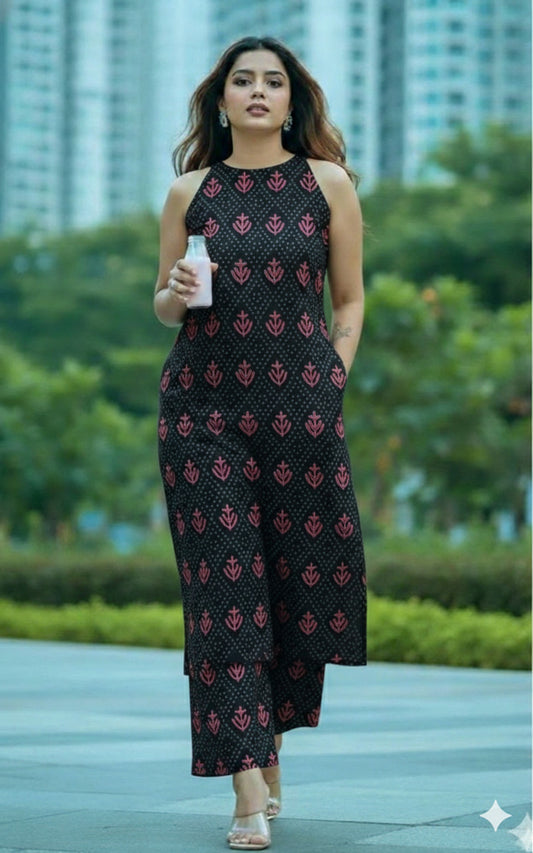 Trending Handblock Ajrakh Printed Halter Neck Kurta Plazo Set in Pure Jaipuri Cotton – House of the Handblock