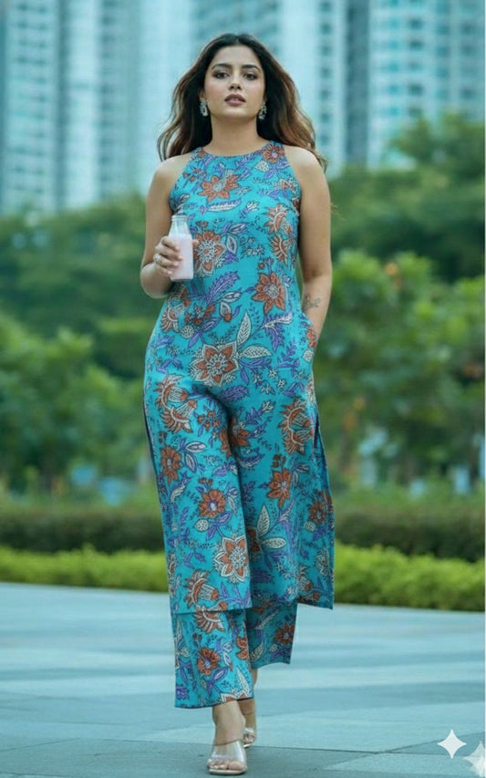 Trending Handblock Halter Neck Kurta Plazo Set in Pure Jaipuri Cotton – House of the Handblock