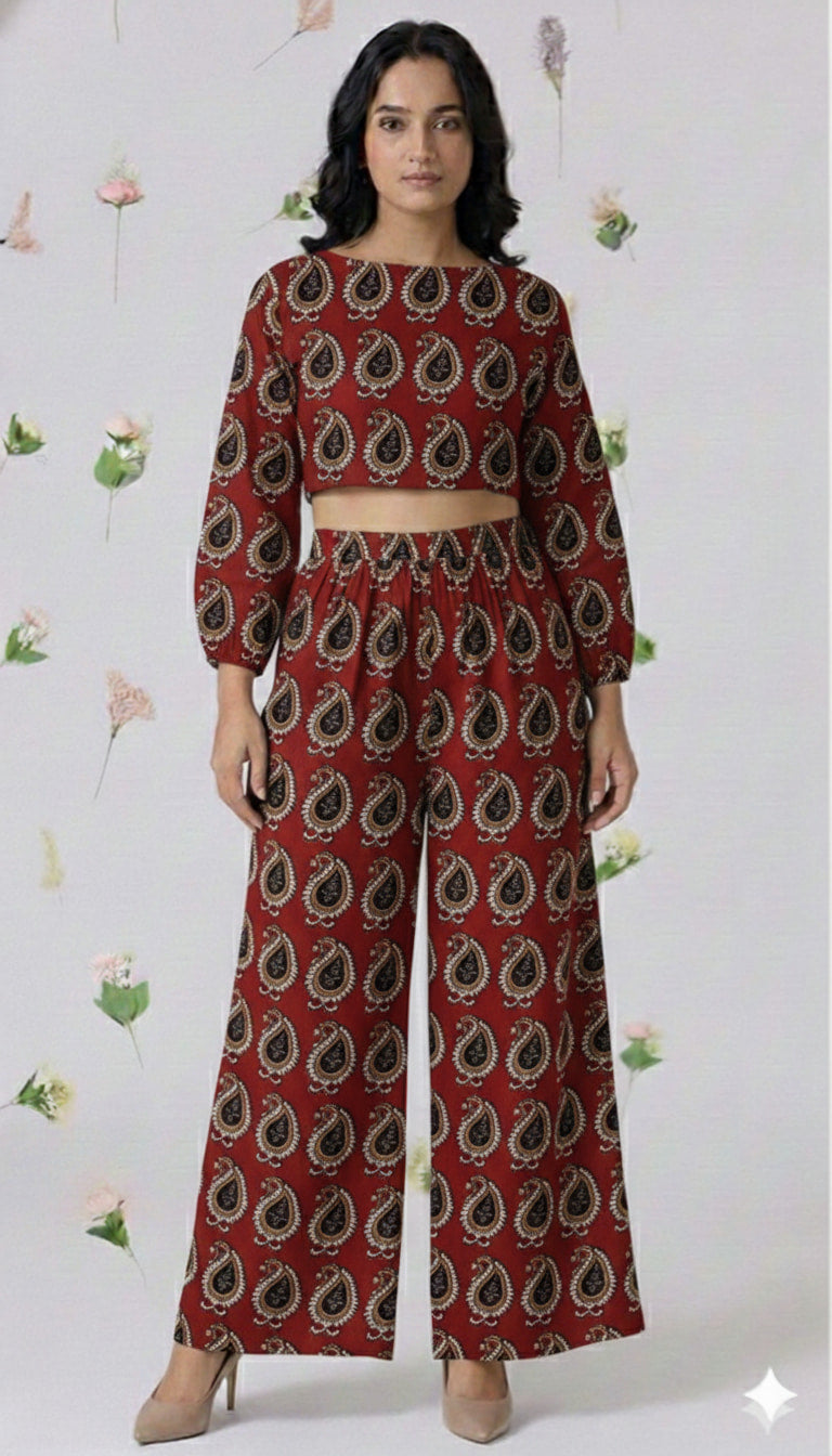 Handcrafted Handblock Ajarakh Printed Cotton Crop Top with Palazzo Pants Co-Ord Set- House Of The Handblock Jaipur