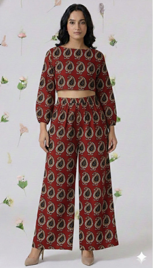Handcrafted Handblock Ajarakh Printed Cotton Crop Top with Palazzo Pants Co-Ord Set- House Of The Handblock Jaipur