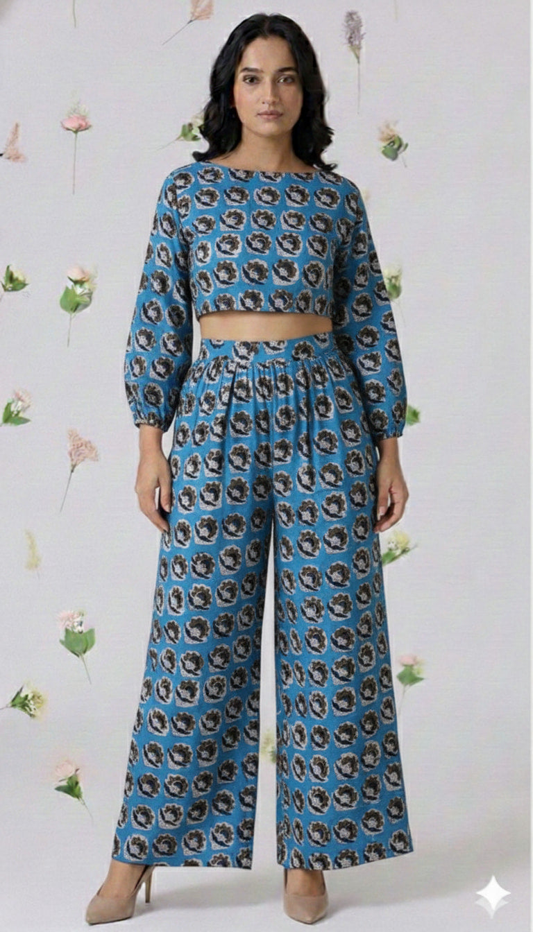 Handcrafted Handblock Ajarakh Printed Cotton Crop Top with Palazzo Pants Co-Ord Set- House Of The Handblock Jaipur