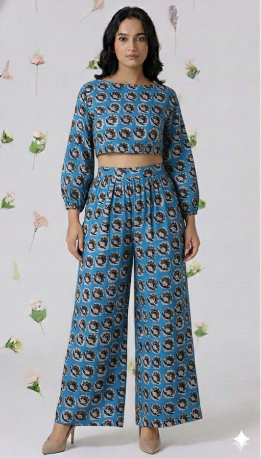 Handcrafted Handblock Ajarakh Printed Cotton Crop Top with Palazzo Pants Co-Ord Set- House Of The Handblock Jaipur