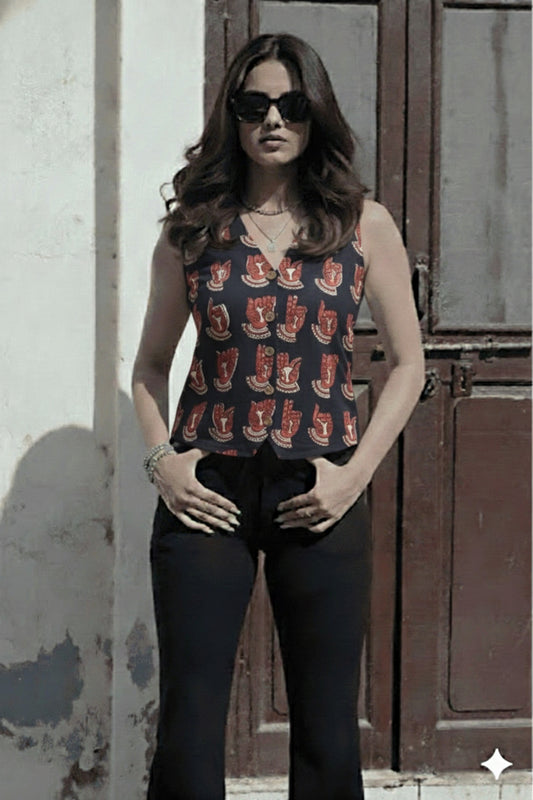 Handblock Printed Women’s Corset Waistcoat Vest – Sleeveless V-Neck Short Top | Perfect Fit | House of the Handblock
