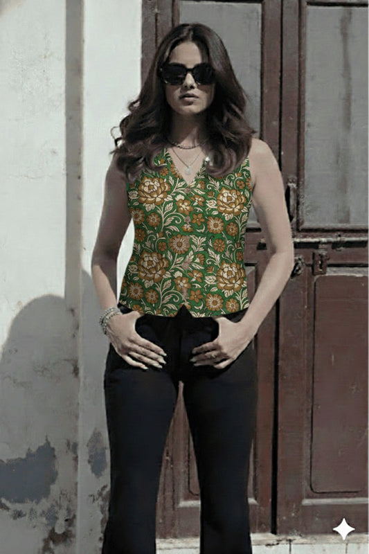 Handblock Printed Women’s Corset Waistcoat Vest – Sleeveless V-Neck Short Top | Perfect Fit | House of the Handblock