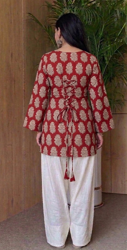 Handblock Printed Pure Cotton Corset Kurti with V-Cut Neck & Back String | Bell Sleeves | XS to 7XL | House of the Handblock Jaipur