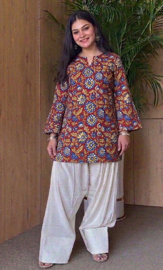 Handblock Printed Pure Cotton Corset Kurti with V-Cut Neck & Back String | Bell Sleeves | XS to 7XL | House of the Handblock Jaipur