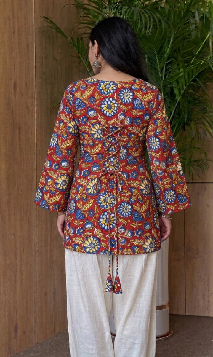 Handblock Printed Pure Cotton Corset Kurti with V-Cut Neck & Back String | Bell Sleeves | XS to 7XL | House of the Handblock Jaipur