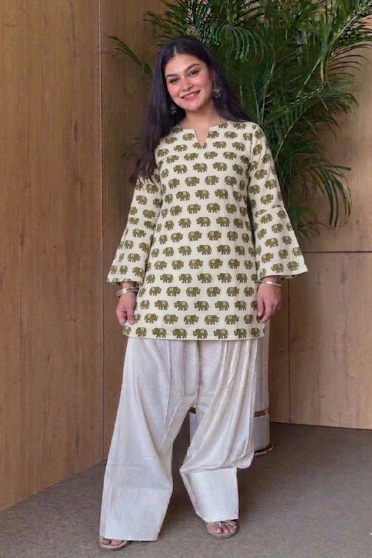 Handblock Printed Pure Cotton Corset Kurti with V-Cut Neck & Back String | Bell Sleeves | XS to 7XL | House of the Handblock Jaipur