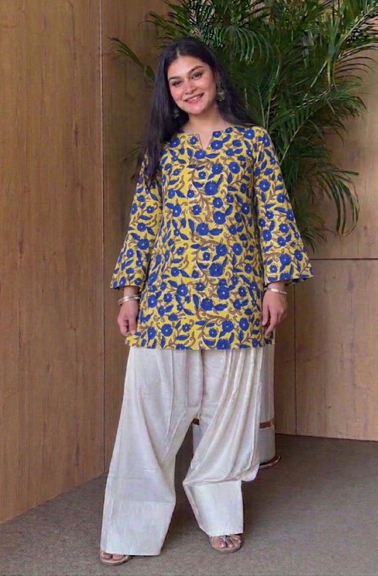 Handblock Printed Pure Cotton Corset Kurti with V-Cut Neck & Back String | Bell Sleeves | XS to 7XL | House of the Handblock Jaipur
