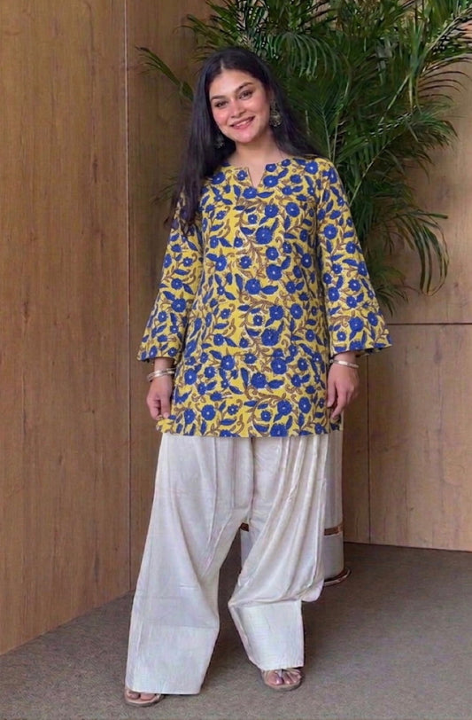 Handblock Printed Pure Cotton Corset Kurti with V-Cut Neck & Back String | Bell Sleeves | XS to 7XL | House of the Handblock Jaipur