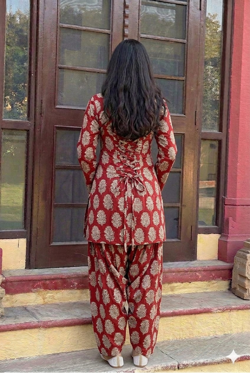 Handblock Printed Farsi Salwar Kurta Set | Pure Cotton Natural Dyes | Corset Back | Bell Sleeves | Sizes XS to 7XL | House of the Handblock Jaipur