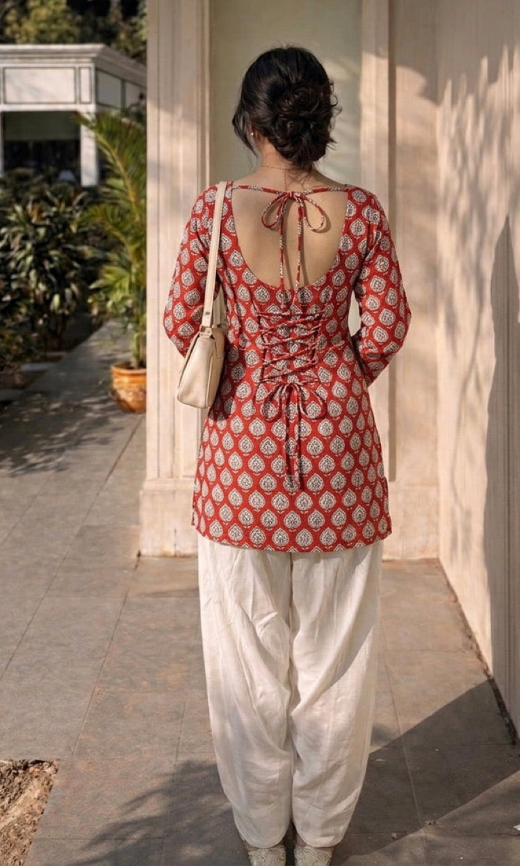 House of the Handblock Jaipur Handblock Printed Pure Cotton Corset Kurti | U Neck Deep Back with String | XS to 6XL