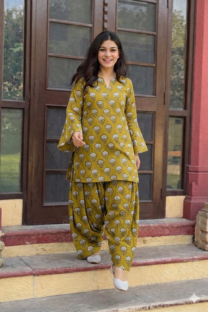 Handblock Printed Farsi Salwar Kurta Set | Pure Cotton Natural Dyes | Corset Back | Bell Sleeves | Sizes XS to 7XL | House of the Handblock Jaipur