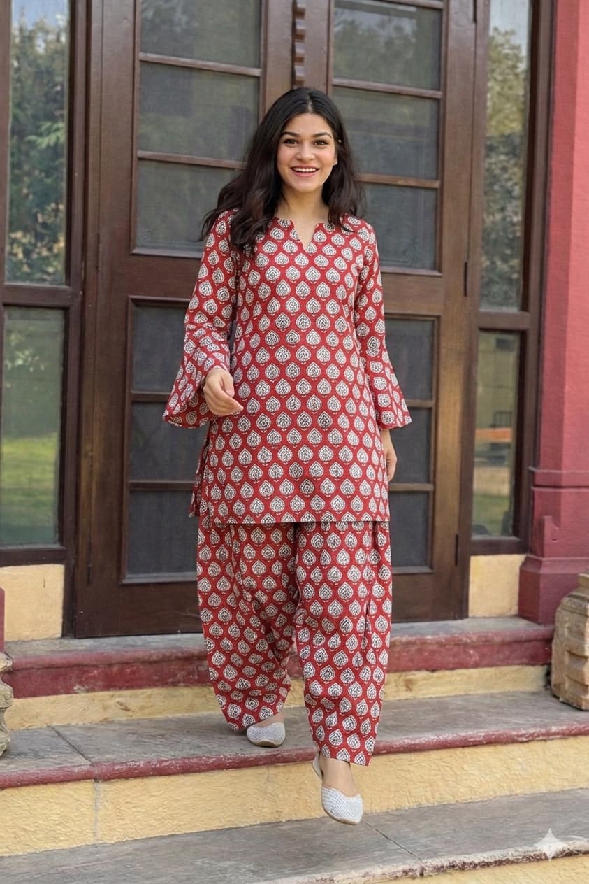 Handblock Printed Farsi Salwar Kurta Set | Pure Cotton Natural Dyes | Corset Back | Bell Sleeves | Sizes XS to 7XL | House of the Handblock Jaipur