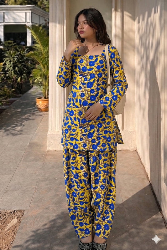 Handblock Printed Farsi Salwar Kurta Set | Pure Cotton Natural Dyes | Corset Back | Bell Sleeves | Sizes XS to 7XL | House of the Handblock Jaipur