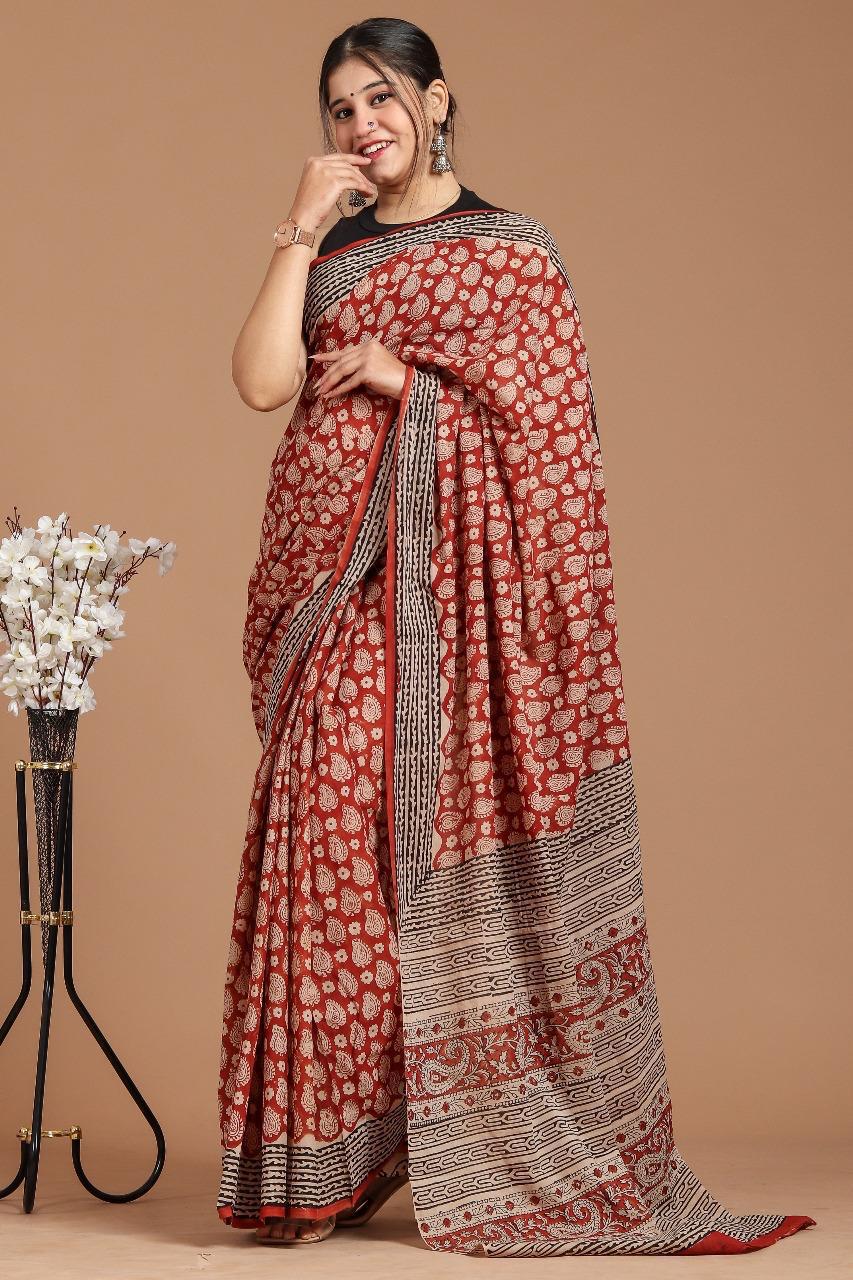Lightweight Cotton Mulmul Saree – Handcrafted Elegance by House of the Handblock