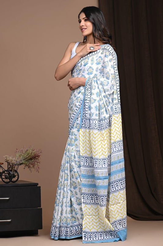 Lightweight Cotton Mulmul Saree – Handcrafted Elegance by House of the Handblock
