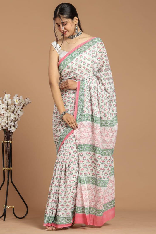 Lightweight Cotton Mulmul Saree – Handcrafted Elegance by House of the Handblock