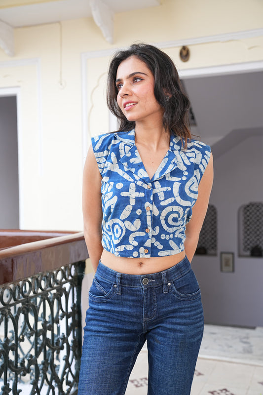 Women's Handblock Crop Top Stitched Blouse – Pure Cotton, Naturally Dyed