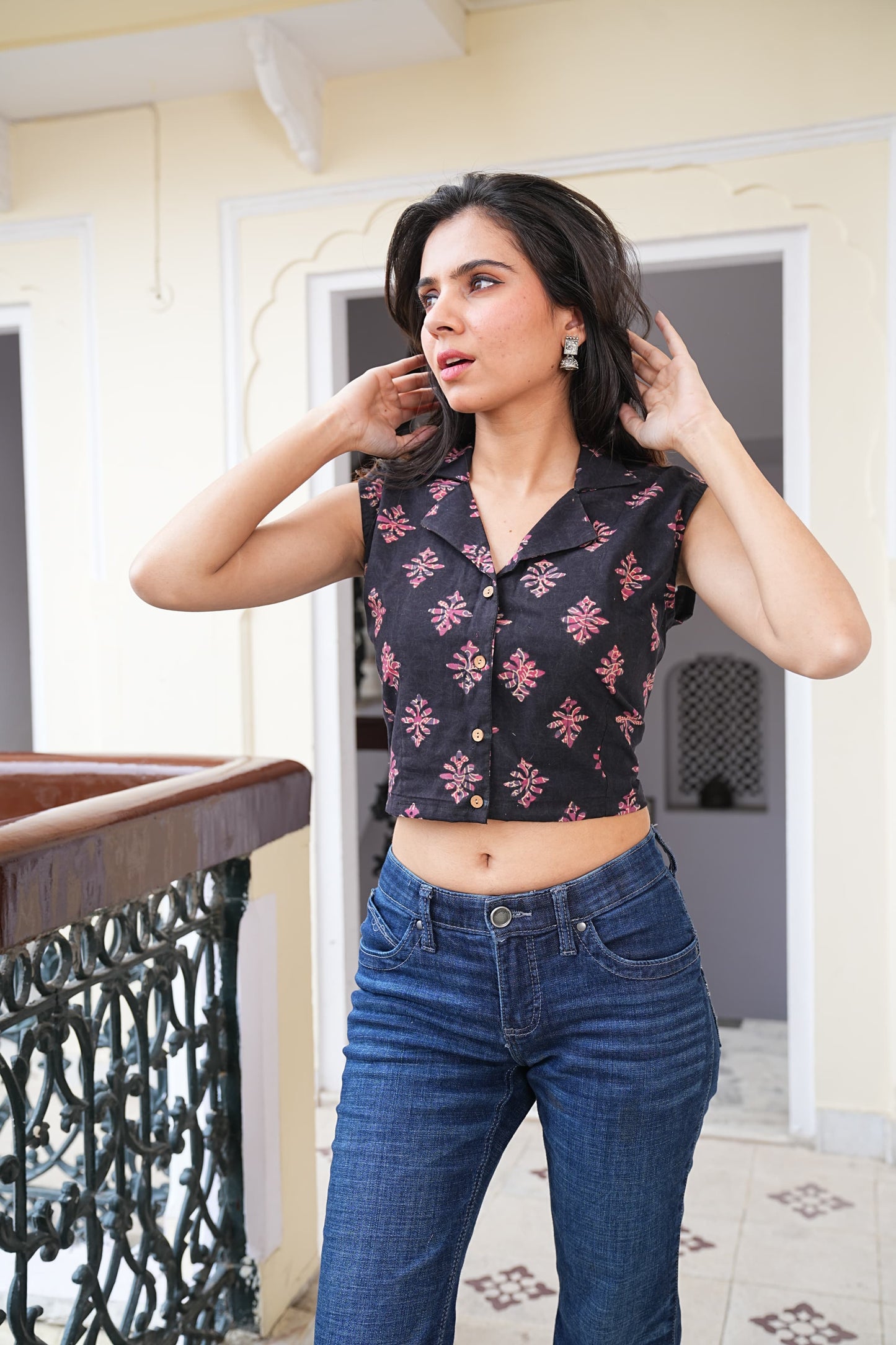 Women's Handblock Crop Top Stitched Blouse – Pure Cotton, Naturally Dyed