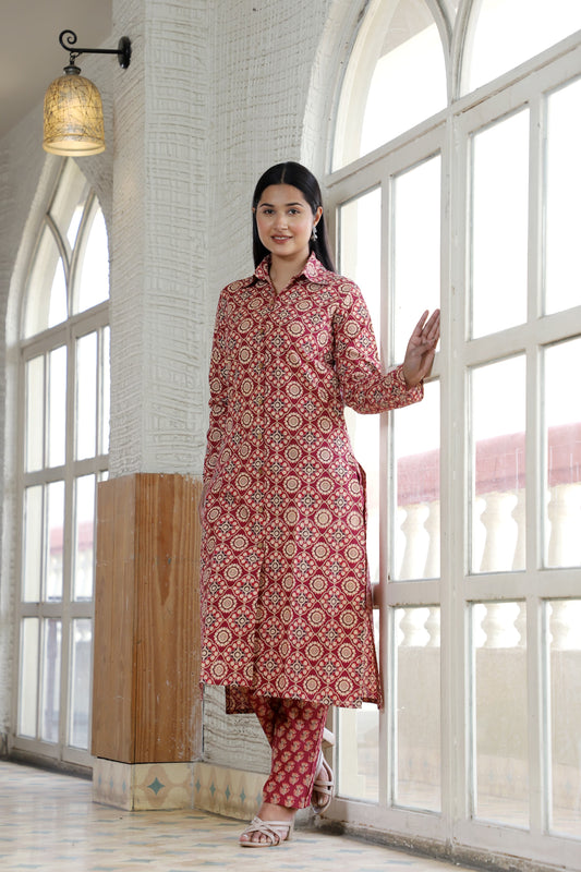 Handblock Printed Co-Ord Set with Collar – Chic & Comfortable