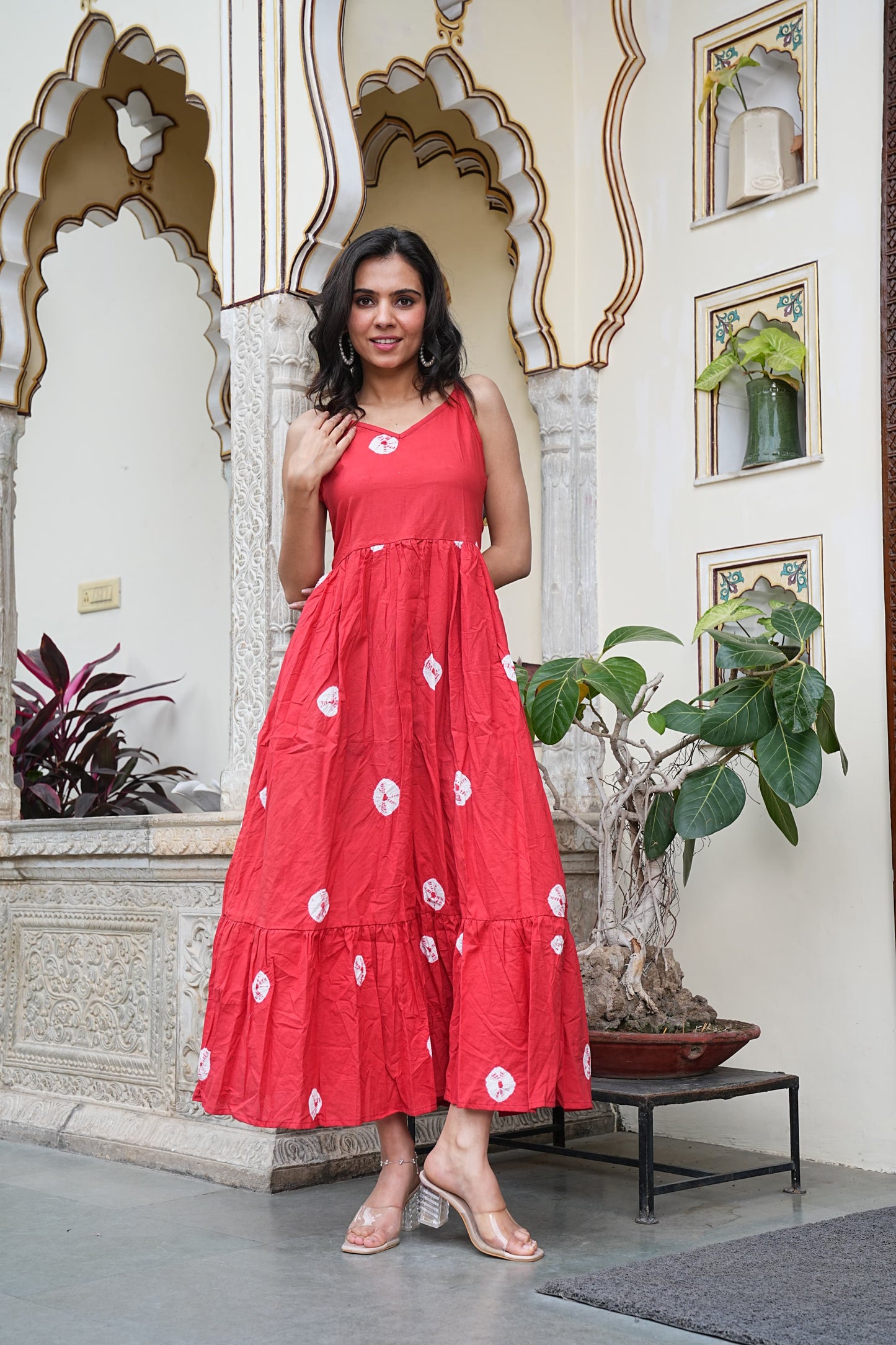 Summer-Ready Handblock Long Dress – Sleeveless Bagru Print-Noodle Strap One Piece