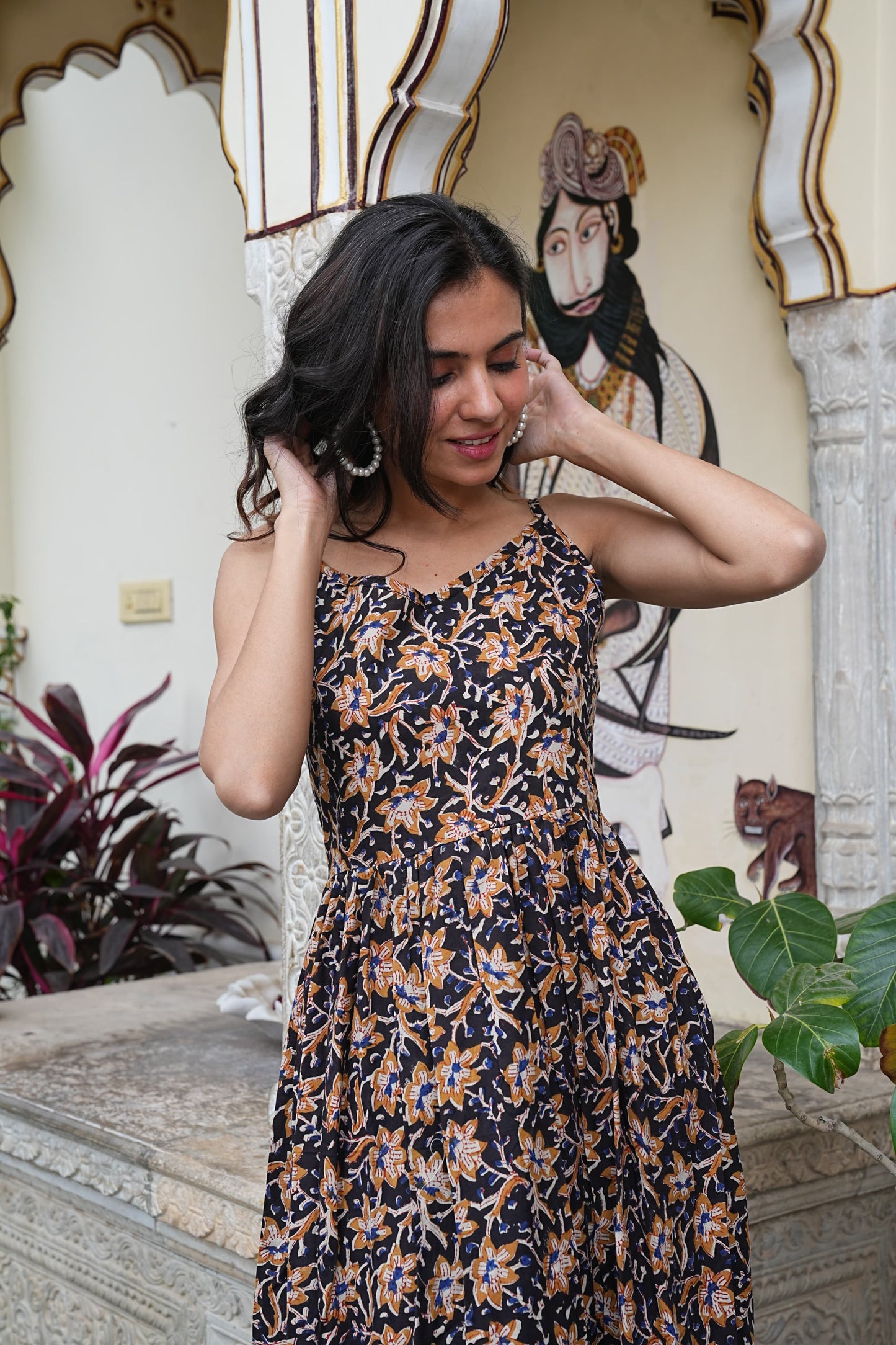 Summer-Ready Handblock Long Dress – Sleeveless Bagru Print-Noodle Strap One Piece