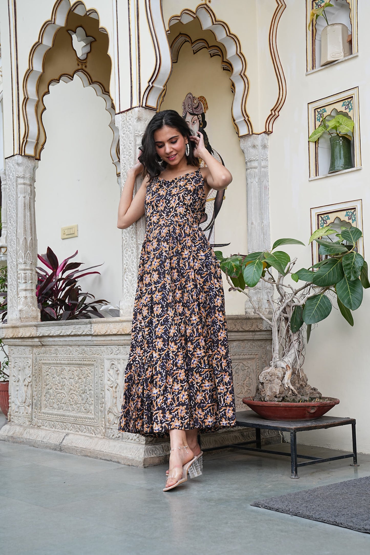 Summer-Ready Handblock Long Dress – Sleeveless Bagru Print-Noodle Strap One Piece