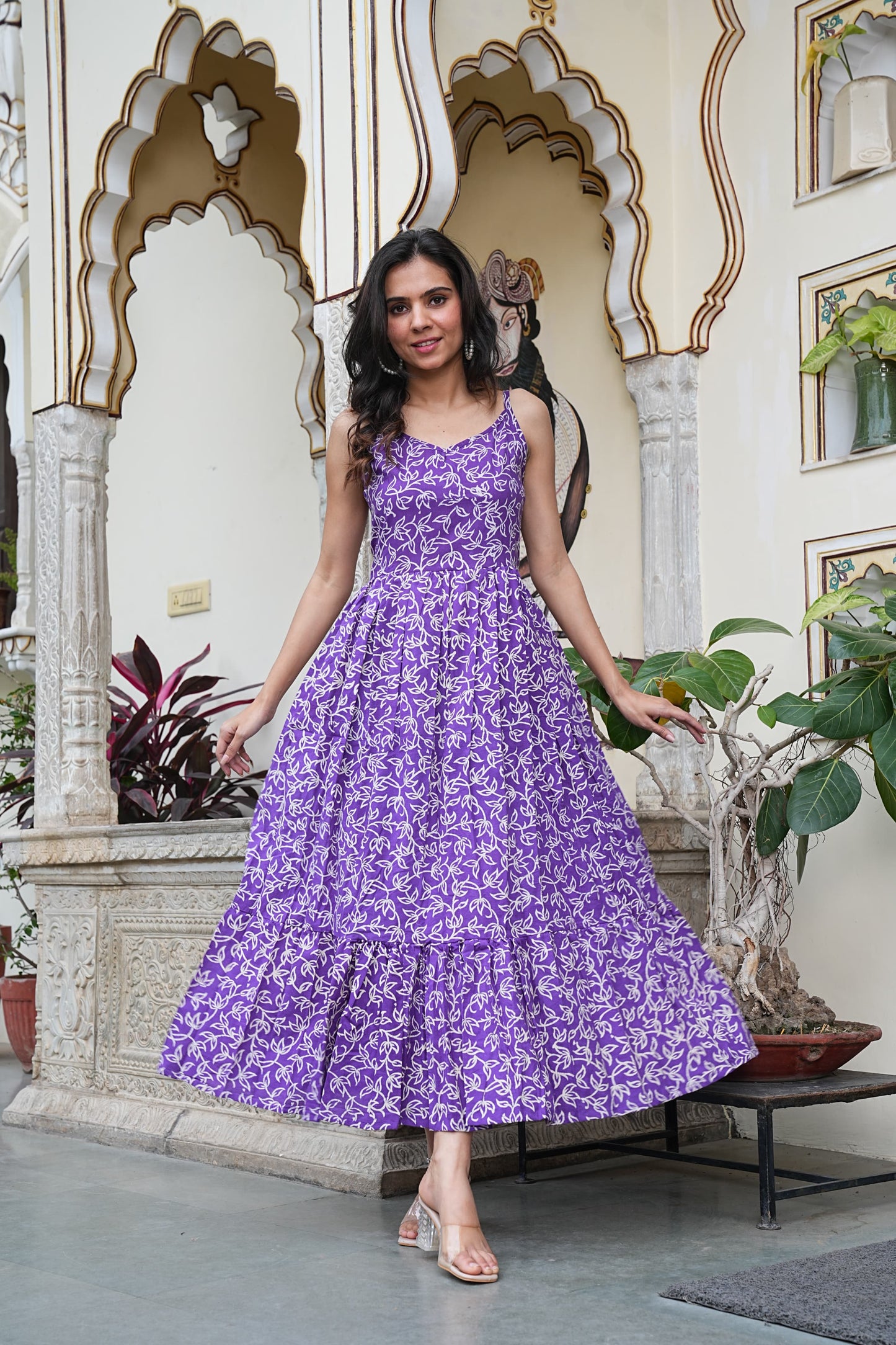 Summer-Ready Handblock Long Dress – Sleeveless Bagru Print-Noodle Strap One Piece