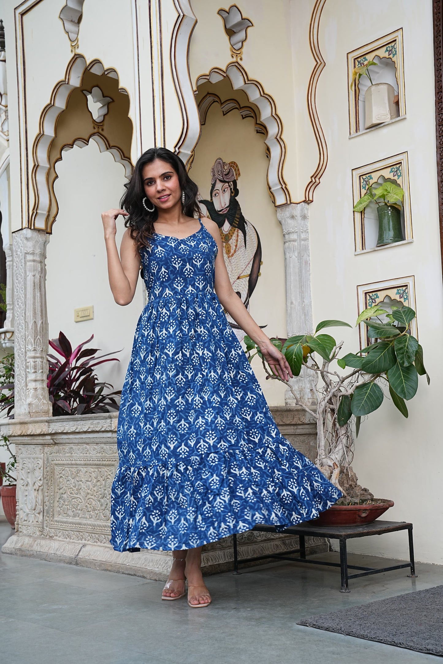 Summer-Ready Handblock Long Dress – Sleeveless Bagru Print-Noodle Strap One Piece