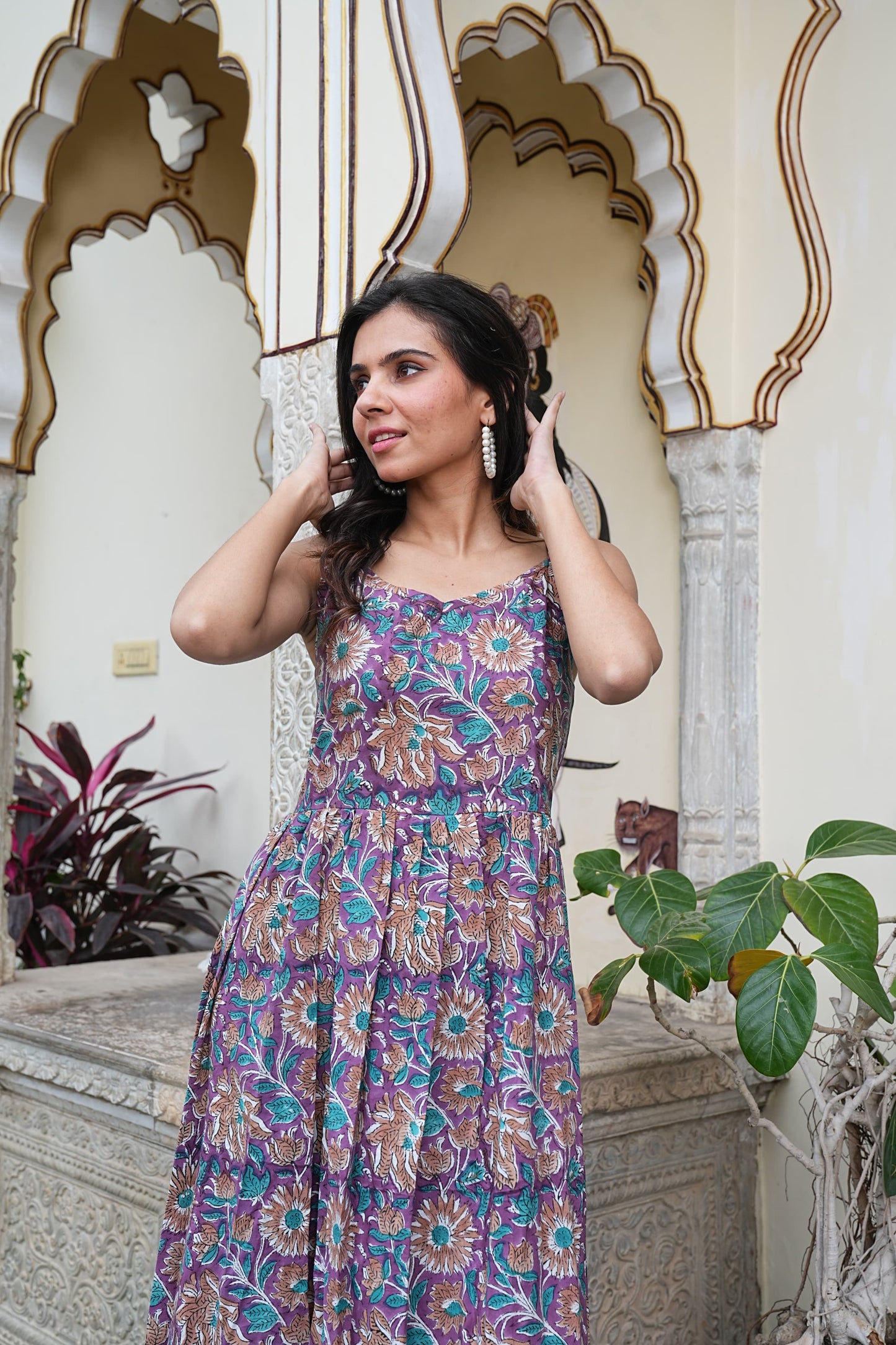 Summer-Ready Handblock Long Dress – Sleeveless Bagru Print-Noodle Strap One Piece