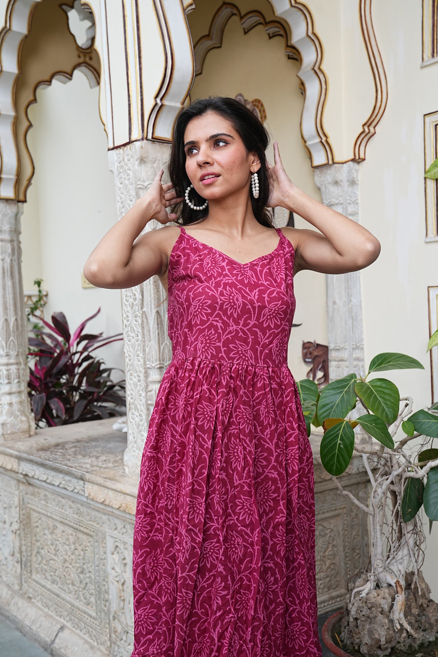 Summer-Ready Handblock Long Dress – Sleeveless Bagru Print-Noodle Strap One Piece